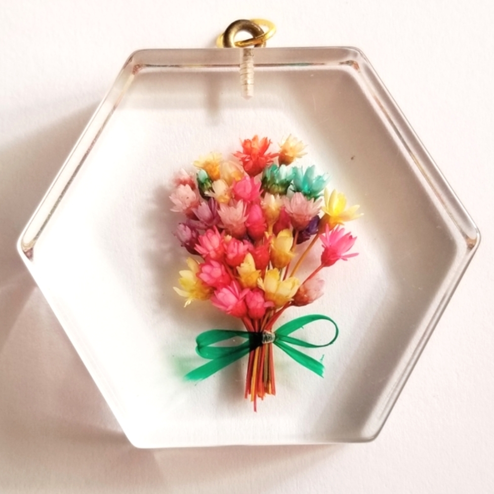 Vintage Dried Flowers Pendant Clear Colorful Floral Cottage Cottagecore